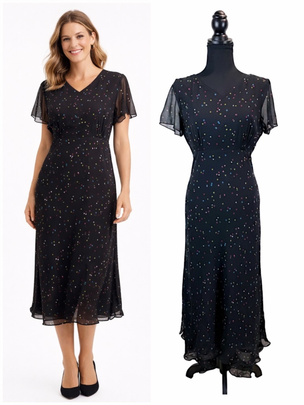 Vtg Talbots Silk Midi Dress Polka Dot Sheer Sleeve Classic Chic Size 8